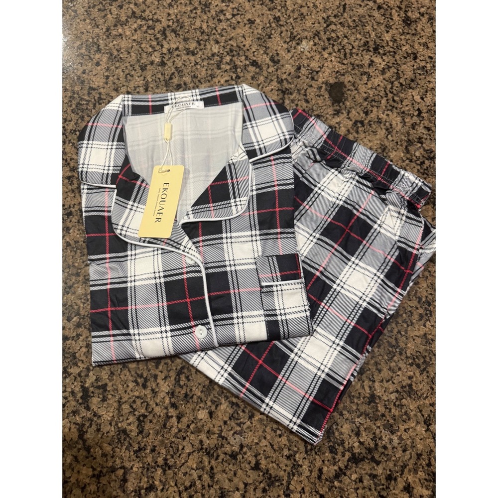 Ekouaer Pajama‎ Set Plaid Print Button Down Soft Sleepwear Loungewear Medium